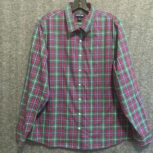 Lands End Shirt Womens 18 Green Red Plaid No Iron Supima Cotton Button Up Office
